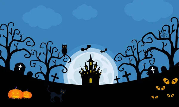 Dark night Halloween. Night background, pumpkins, and dark castle. illustration.