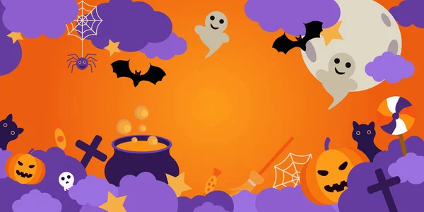 Boldog Halloween Banner Vagy Party Meghívó Háttér Felhők Denevérek Sütőtök — Stock Fotó
