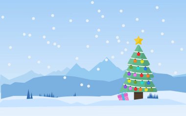 Kış mevsimi Noel ağacını düşünün. Karlı kış manzarasında hediye kutularıyla süslenmiş güzel Noel ağacı. Sosyal ve paket bayramı için düz stil illüstrasyon