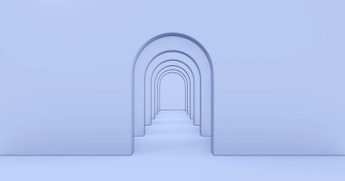 İş yolları kavramı. Mavi mat duvarı. Kemer koridoru basit geometrik zemin, mimari koridor, geçit ve boş duvarların içindeki kemer kolonları. Modern asgari konsept. 3d oluşturma.