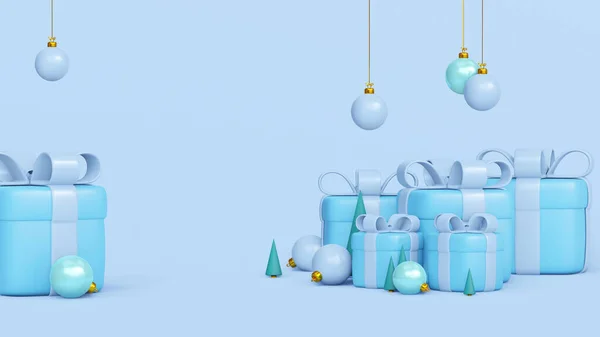 Vrolijk Kerstfeest Gelukkig Nieuwjaar Achtergrond Stapel Van Blauwe Geschenkdozen Met — Stockfoto