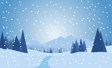 Kış Manzarası Arkaplanı. Düz stil Illustration. Beyaz arka planda izole edilmiş şapka ve eşarplı kardan adam. Vektör illüstrasyonu