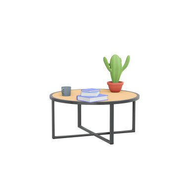 Model çalışma masası ve uzay kitapları, bitki ve kahve modern masada. 3d hazırlayıcı