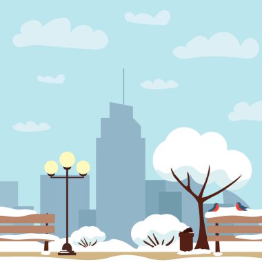 Kavramsal hafta sonu. Kar ve şehir siluetiyle kış kenti parkı. Kış kenti parkındaki bank, düz çizgi film tarzında kış tatili konsepti. Şehir parkı afişi. Şehir dışından. Vektör illüstrasyonu