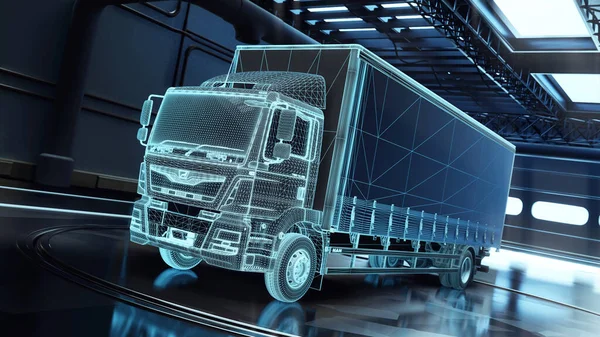 Concept 3d illustration. the truck hologram in the garage or parking. Futuristic truck with trailer scene with wireframe intersection. 3D rendering