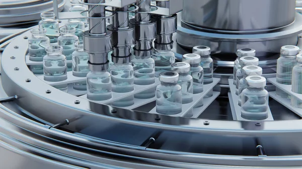 Close up 3d render. Vaccine manufacturing, machine puts caps on bottles vials passing on conveyor belt. Clear blue liquid