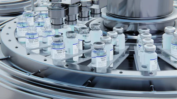 Close up 3d render. Covid-19 vaccine manufacturing, machine puts caps on bottles vials passing on conveyor belt. Clear blue liquid