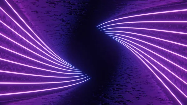 Concept tunnel rotate wave. Futuristic Sci-Fi Modern Empty Stage Reflective Concrete Room With Purple And Blue Glowing Neon Tubes Shape Empty Space Wallpaper Background 3D Rendering Illustration