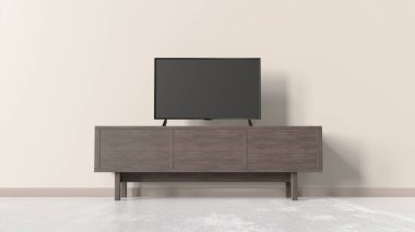 TV on the cabinet and acoustic system on the floor in modern living in an empty room with on blue wall background, 3d rendering