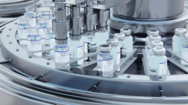 Close up 3d render. vaccine manufacturing, machine puts caps on bottles vials passing on conveyor belt. Clear blue liquid.Pharmaceutical company production line 3d rendering.