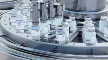 Close up 3d render. Covid-19 vaccine manufacturing, machine puts caps on bottles vials passing on conveyor belt. Clear blue liquid.Pharmaceutical company production line 3d rendering.