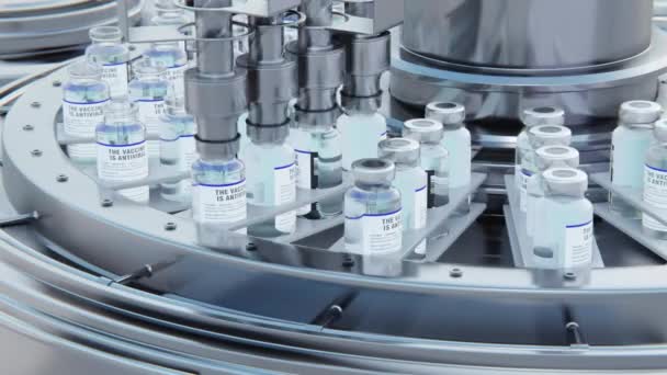 Close Render Covid Vaccine Manufacturing Machine Puts Caps Bottles Vials — 图库视频影像