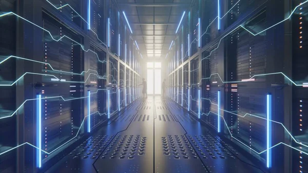 Data centers with people working are technology-connected and mining AI. Server racks in computer network security server room data center. Shot of Corridor in Working Full of Rac