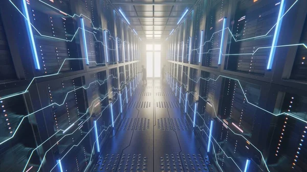 Data centers with people working are technology-connected and mining AI. Server racks in computer network security server room data center. Shot of Corridor in Working Full of Rac