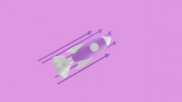 Purple Flying space rocket 3d Realistic. Spaceship launch. Rocket 3d icon, logo or symbol. Logo ship. 3d rendering. Rocket flying over cloud, Rocket launch. Business startup concept.
