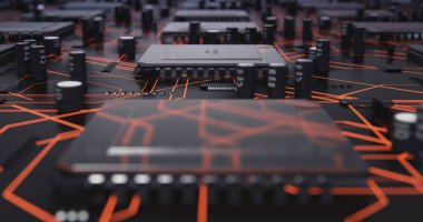 Veri merkezinin sunucu odasında birçok işlemciye sahip devre panosu. Sinirsel Ağ 'ın Yapay Zeka Dijitalleşmesini Başlatan Mikroçipler, Veri Dijital Hareketi Bulut Hesaplaması