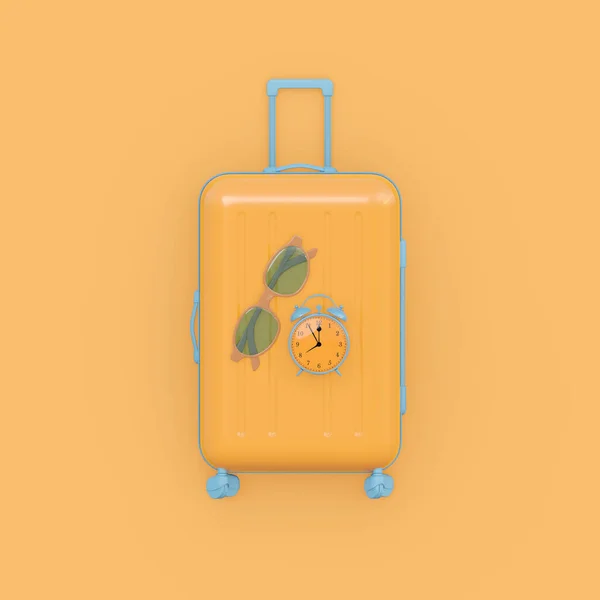 Utazási Tárgy Lapos Rétegű Stílus Mini Poggyász Ébresztőóra Napszemüveg Sárga — Stock Fotó