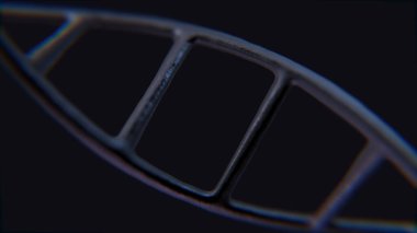 Genetik kodları ve soyut geometrisi olan gelecekçi Dönen Beyaz DNA İpliği. Dönen DNA iplikçiklerinin kusursuz döngü animasyonu. Model DNA sarmalının cam ve kristalden 3 boyutlu canlandırma döndürmesi