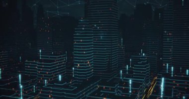 Smart City 'yi ve soyut çizgiyi kavra ve gradyan çizgi tasarımına nokta bağlantısı, büyük veri bağlantı teknolojisi kavramı. Karanlık veri görselleştirme parlayan şehir. Plexus gökyüzü. 3d hazırlayıcı