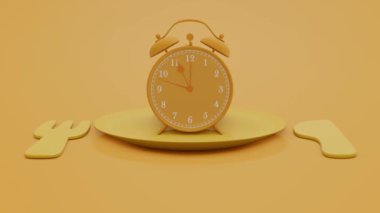 Çatal ve kaşık kaplamalı sarı plakalı tek renkli saat. Zaman kavramını kır. Saat 11: 45 'in başlangıcı 12: 00' ye kadar devam eder. Zaman aralığı çok hızlı ilerliyor. 3d hazırlayıcı