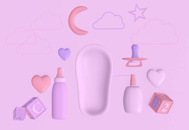 Bebek malzemesi gerçekçi 3 boyutlu olarak ayarlandı. Emzik, toz, krem, şişe, giysi, oyuncak ve diğerleri. Yeni doğan aksesuar koleksiyonu. Pembe arkaplanda 3D resimleme