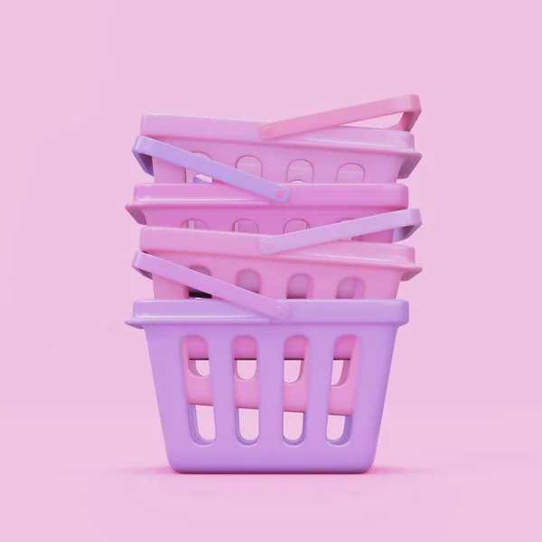 Stack of plastic shopping basket 3d render isolate. From supermarket on pink background. 3d render concept of online shopping and black Friday sale. Rolling baskets on white background. 3d rendering