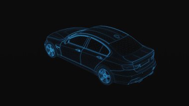 Koyu arkaplanda mavi araba arayüzü hologramı kavramı. Ulaşım, mühendislik, gelecek ve teknoloji konsepti. Çift pozlama 3d oluşturma.