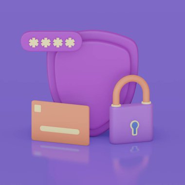 Geceleri çizgi film stili renkli internet ağı güvenliği kavramı. 3d oluşturma