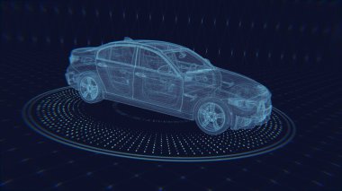 Koyu arkaplanda mavi araba arayüzü hologramı kavramı. Ulaşım, mühendislik, gelecek ve teknoloji konsepti. Çift pozlama 3d oluşturma.