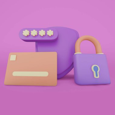 Geceleri çizgi film stili renkli internet ağı güvenliği kavramı. 3d oluşturma