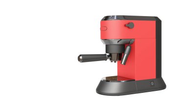 Modern kahve makinesi, mutfakta beyaz mermer tezgahın üzerinde cam bir fincan latte.