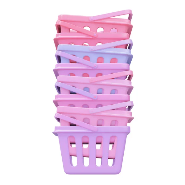 Stack of plastic shopping basket 3d render isolate. From supermarket on pink background. 3d render concept of online shopping and black Friday sale. Rolling baskets on white background. 3d rendering