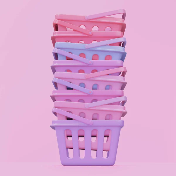 Стек Пластикового Кошика Візуалізації Ізольовано Супермаркету Рожевому Тлі Концепція Онлайн — стокове фото