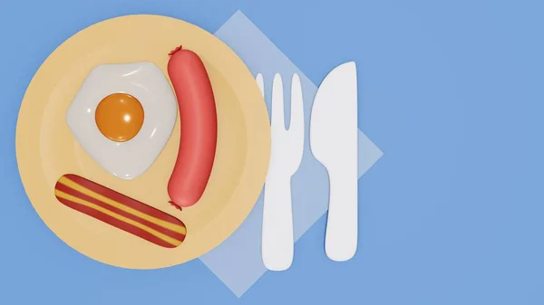 Kreskówka Śniadaniowa Renderowania Ilustracja Śniadanie Jajecznicą Bekon Kiełbasa Talerzu Widelec — Zdjęcie stockowe