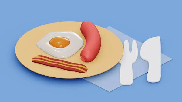 Kreskówka Śniadaniowa Renderowania Ilustracja Śniadania Jajecznicy Bekon Kiełbasa Talerzu Widelec — Zdjęcie stockowe