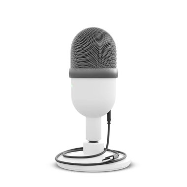 Beyaz arka plandaki mikrofon izolasyonu. Razer tarzı ses kaydını hesaba katın. Modern tarzda yayın stüdyosu kaydı. Beyaz arkaplanda USB mikrofon, kürsüde kondenser kayıt mikrofonu. 3 Boyutlu Hazırlama