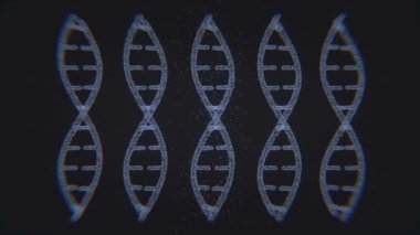 DNA parçacıklarını koyu arkaplan ve soyut geometriye ayarla. Dönen DNA iplikçiklerinin kusursuz döngü animasyonu. Model DNA sarmalının cam ve kristalden döndürülmesi