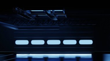 Geleceğin garajı. SciFi Boş Koridor Koridor Koridoru Garaj Stüdyosu Parlayan Geleceğe dönük Işıklandırma Duvar kağıdı olarak kullanılan sanat kavramı 3D