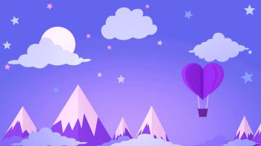 Aşk uçağı balonu konsepti. Mor ve Pembe Origami 'nin Kartpostal Animasyonu. Sıcak hava balonu yıldızların ve bulutların ve dağların üzerindeki ayın arasından uçar. 3d hazırlayıcı