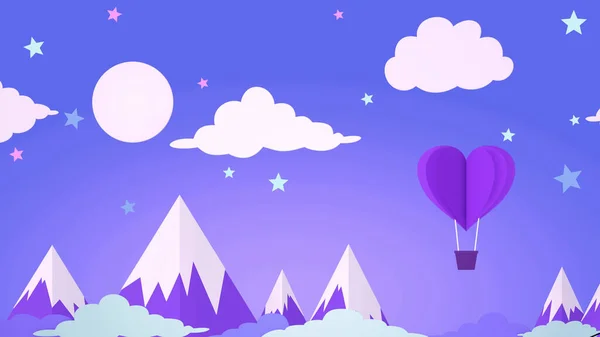 The Love airplane balloon concept. The Postcard Animation Of Purple and Pink Color Origami. Hot Air Balloon Flies Through The Sky Among Stars And The Moon Above Clouds And Mountains. 3d render