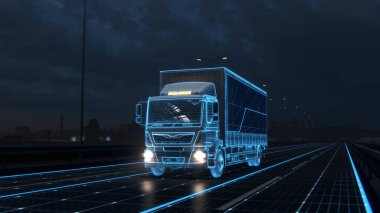 Teknoloji Konsepti 3 boyutlu canlandırma. Kargo Karavanı ile otonomik fütüristik Euro yarı kamyoneti Sensörlerle Gece Yolda Sürülüyor. Otobanı Dijitalleştirmenin Özel Efektleri