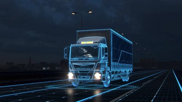 Технологія Концепція Рендерингу Автономна Футуристична Напіввантажівка Euro Вантажними Причепами Вночі Стокова Картинка