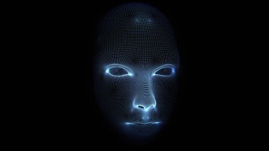 Yüz Tarama Dijital mavi çizgileri bağlı hologram hareket animasyonu gelecekte vr poligonal erkek baş arayüzü sensör yazılım modeli korumalı 3d oluşturma