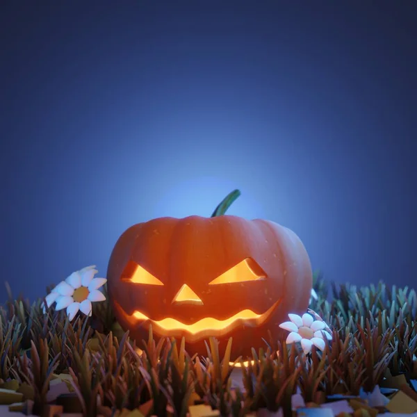 Pumpkins Graveyard Spooky Night Chops Pumpkin Stump Halloween Backdrop Render — Stock Photo, Image