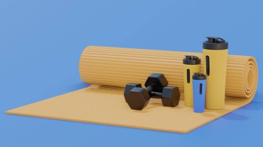 Bir karimat iki dambılın yanında uzanıyor. Evde spor aktiviteleri. Evde jimnastik dersleri. Formunu korumak için spor aletleri. Mavi arkaplanda 3d oluşturma