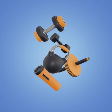 Gerçekçi fitness kompozisyonu. 3D spor objeleri, uçan elementler, spor aletleri, titretici, kettlebell ve dambıl, spor aksesuarları, yoga ekipmanları, mavi arka plan üzerine 3D yorumlama