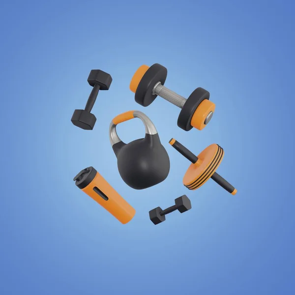 Realistic fitness composition. 3d sport objects, flying elements, workout gym tools, shaker, kettlebell and dumbbell, gym accessories, training yoga equipment, 3d render on the blue background concept