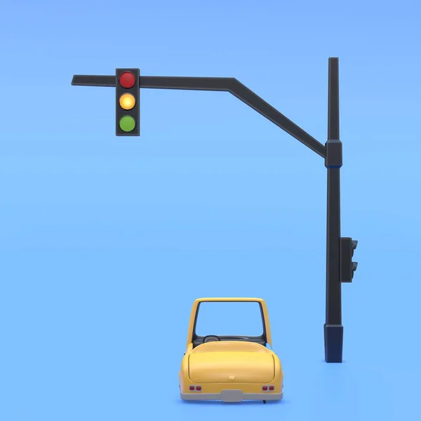 Concept traffic back view. Cartoon Yellow car and traffic sign light on the blue background, 3d rendering. Digital drawing.