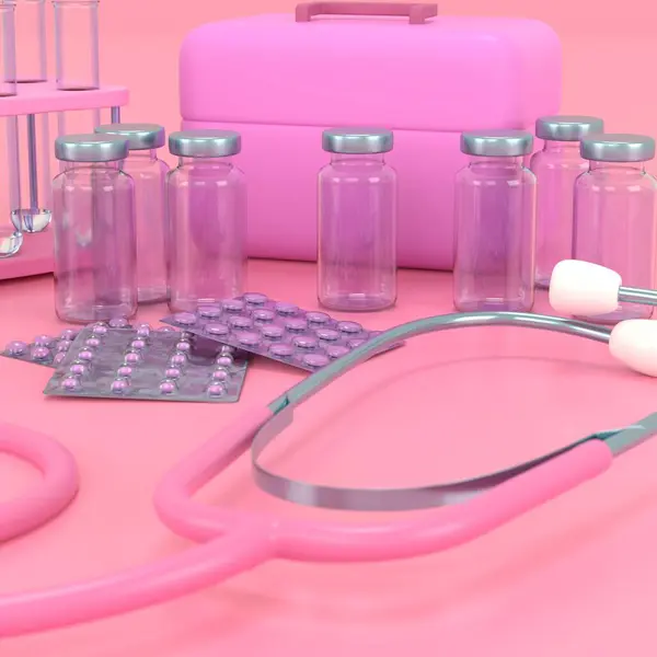 Various meds. Pills, capsules blisters, glass bottles with liquid medicine  glass tubes with blood. Drug medication  supplements collection. Realistic 3d render style object illustration. Blue floor