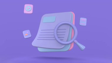 Konsept 3 boyutlu defter. 3d ortam dosya yönetimi. Resim ve görüntü içeriği simgesi aranıyor. Belge yönetimi yumuşak, belge akışı uygulaması, bileşik dokümanlar 3 boyutlu konsept. 3d resimleme